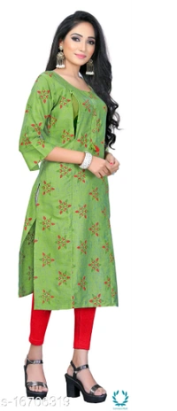 Women Cotton Maternity Applique Green Kurti - XL (Bust Size: 42 in, Size Length: 44 in)